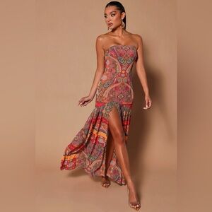 Fashion Nova Strapless Paisley Dress - Red and Orange